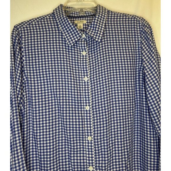 L.L. Bean Womens Blue White Check Long Sleeve Cotton Button Up Blouse Top Sz L - Picture 8 of 9